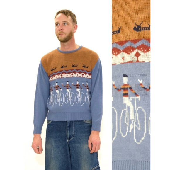 Vintage 1970s Mens Novelty Sweater Blue Acrylic Crew Neck French Bicyclist hole - Picture 1 of 14